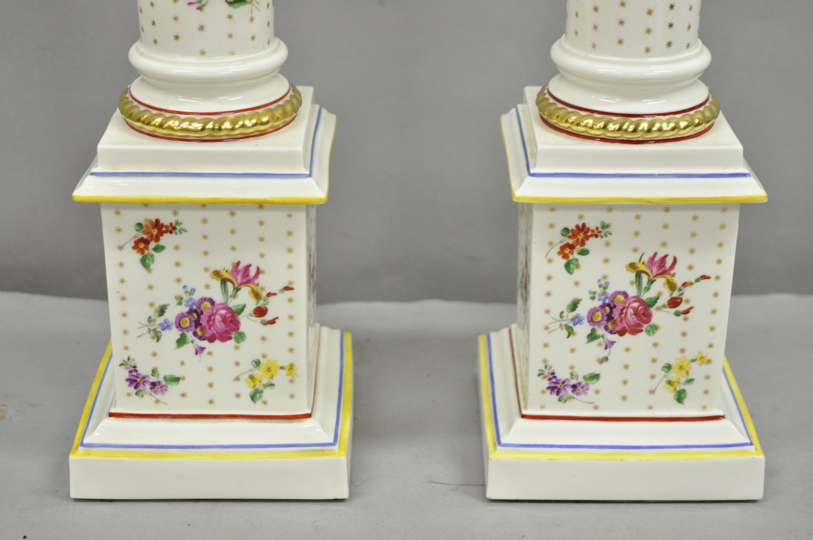 Vintage Victorian French Porcelain Column Table Lamps w Painted Flowers - a Pair