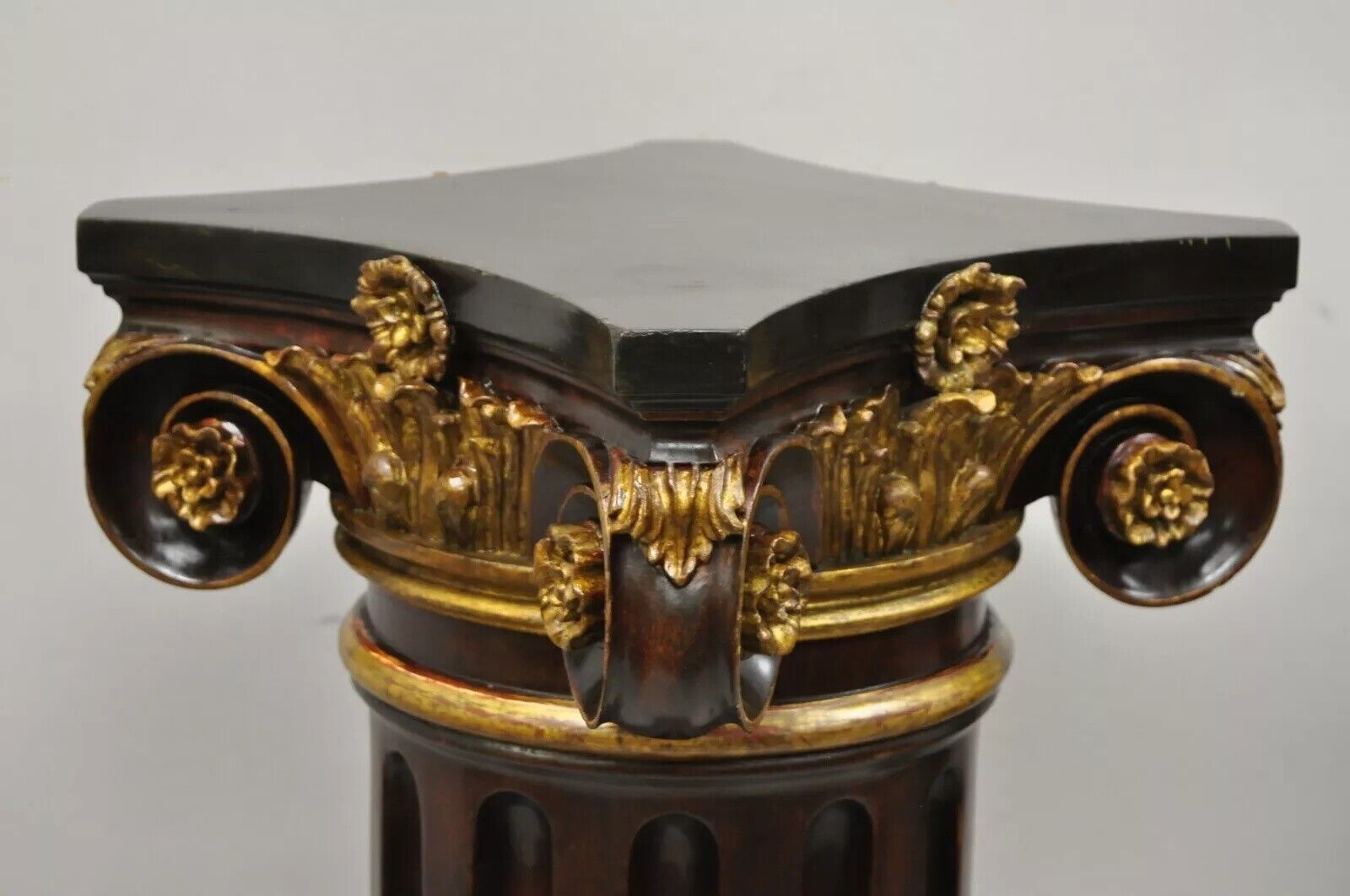 Italian Classical Carved Polychrome Gold Gilt Corinthian Column Pedestals - Pair