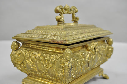 Antique French Renaissance Figural Bronze Casket Jewelry Box with Cherubs