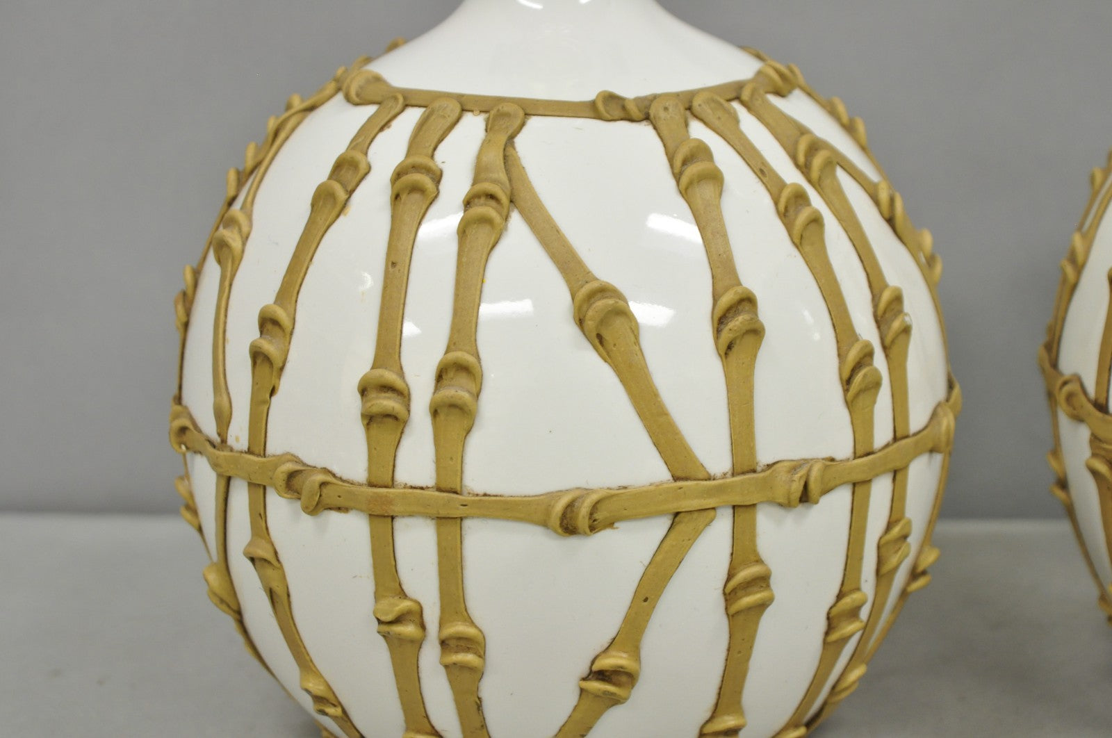 Vintage Hollywood Regency Small Bulbous Ceramic Faux Bamboo Table Lamps - a Pair