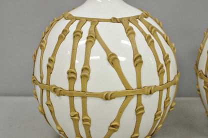 Vintage Hollywood Regency Small Bulbous Ceramic Faux Bamboo Table Lamps - a Pair