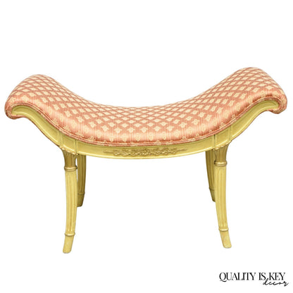 Vintage French Hollywood Regency Cream & Gold Wood Pink Waterfall Vanity Bench