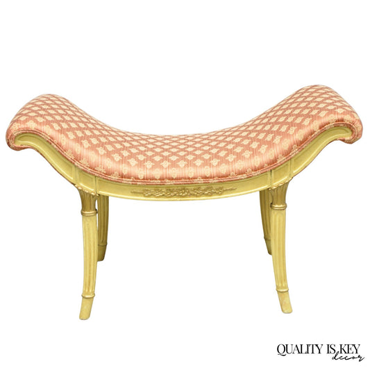 Vintage French Hollywood Regency Cream & Gold Wood Pink Waterfall Vanity Bench