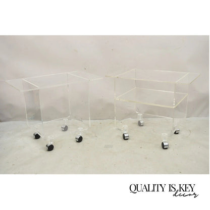 Vintage Clear Lucite Acrylic Mid Century Modern Rolling Side Tables - a Pair