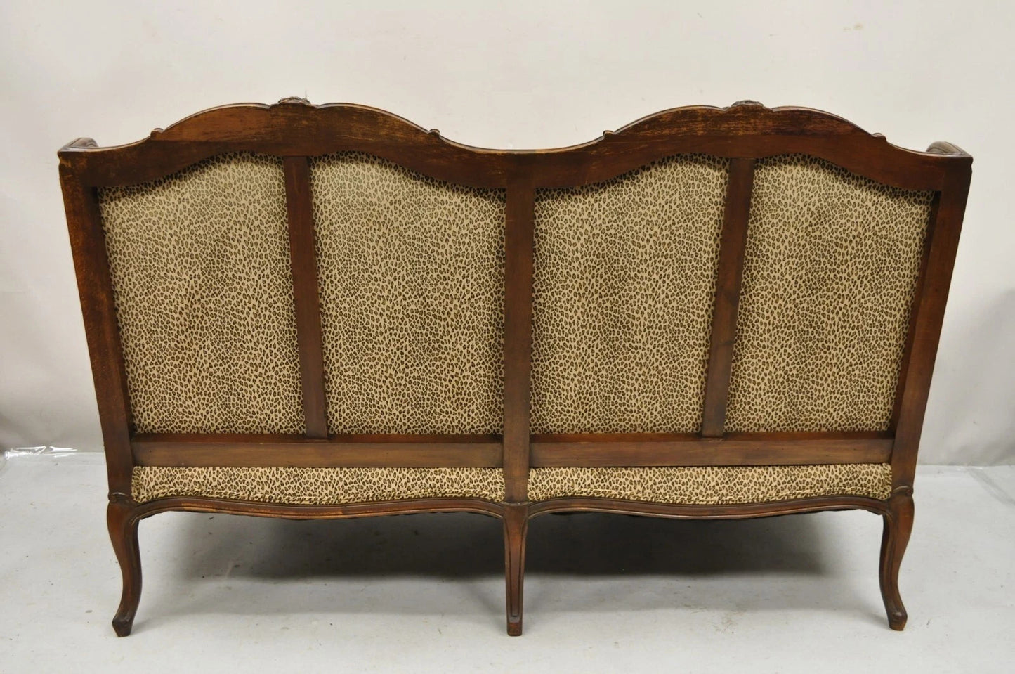 Vintage French Country Louis XV Carved Walnut Cheetah Print Wingback Sofa Settee