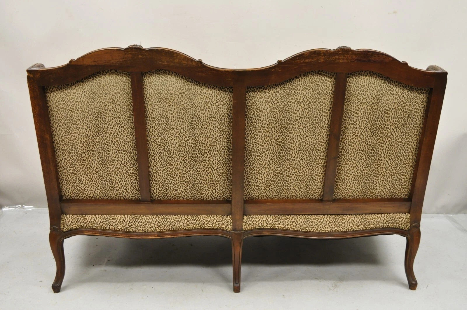 Vintage French Country Louis XV Carved Walnut Cheetah Print Wingback Sofa Settee
