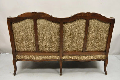 Vintage French Country Louis XV Carved Walnut Cheetah Print Wingback Sofa Settee