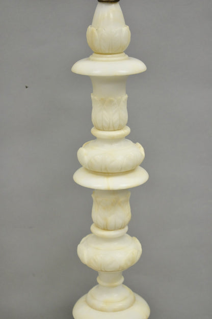 Antique Italian Neoclassical Carved Alabaster Marble Column Table Lamps - a Pair