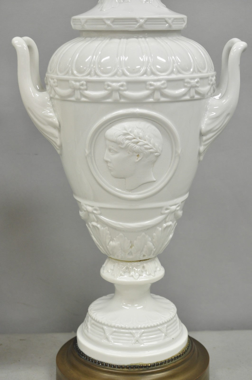 Antique Italian Neoclassical Greco Roman White Porcelain Urn Table Lamps - Pair