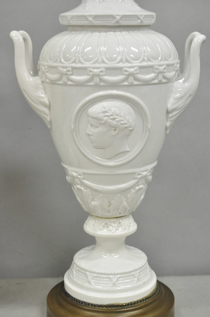 Antique Italian Neoclassical Greco Roman White Porcelain Urn Table Lamps - Pair