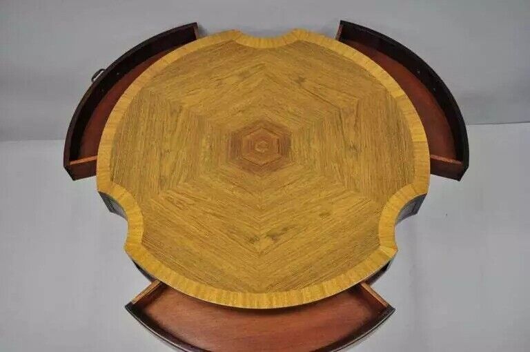 Vintage Grosfeld House Regency Mahogany & Rosewood 3 Drawer Pedestal Drum Table