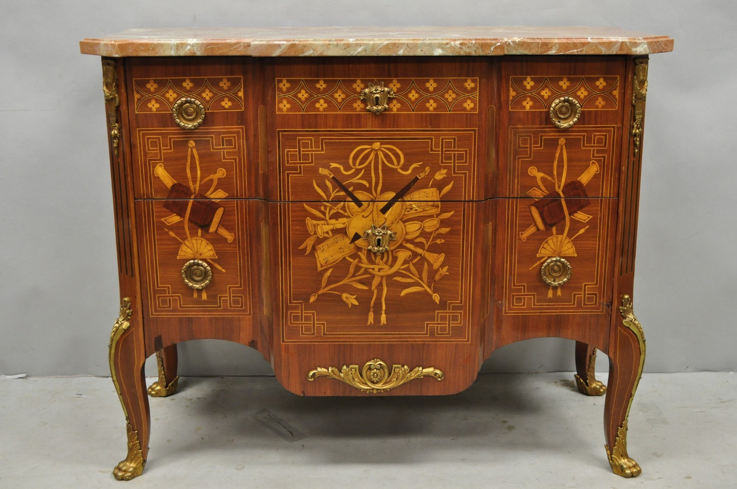 Vintage French Louis XV Style Marquetry Inlay Marble Top Commode Dresser Chest