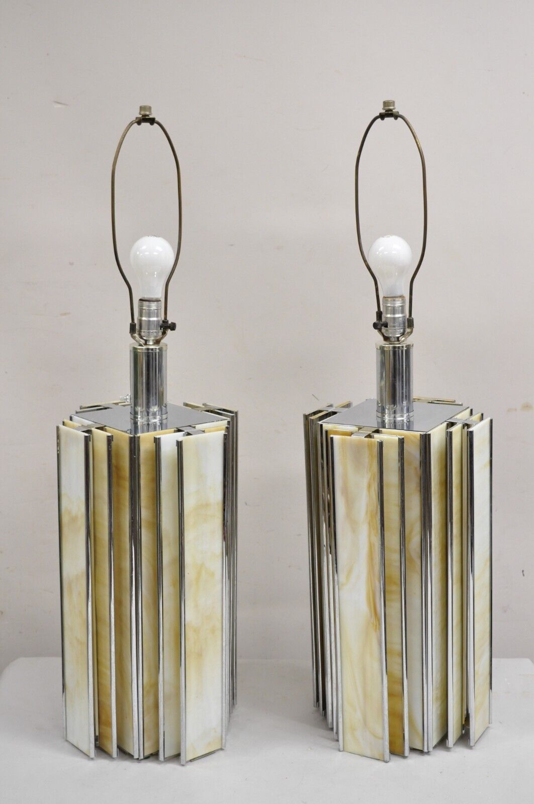 Vintage Art Deco Chrome & Stained Glass Skyscraper Table Lamps - a Pair