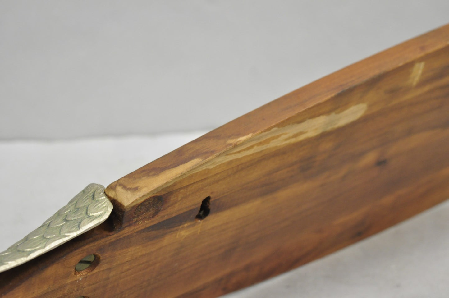 Vintage Mid Century Modern Teak Wood & Metal Fish Serving Platter Cutting Board