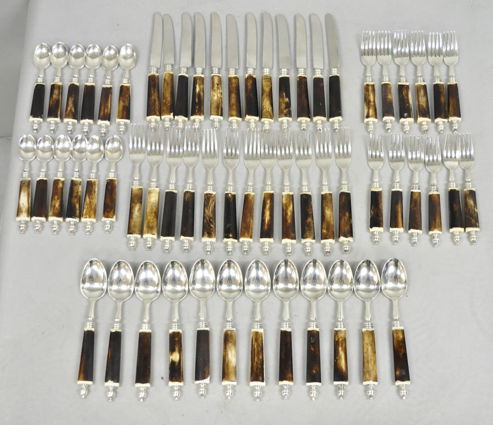 Vintage Hollywood Regency Faux Horn Handle Silver Flatware (5 pc) Set Svc for 12