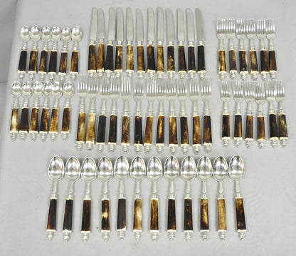 Vintage Hollywood Regency Faux Horn Handle Silver Flatware (5 pc) Set Svc for 12