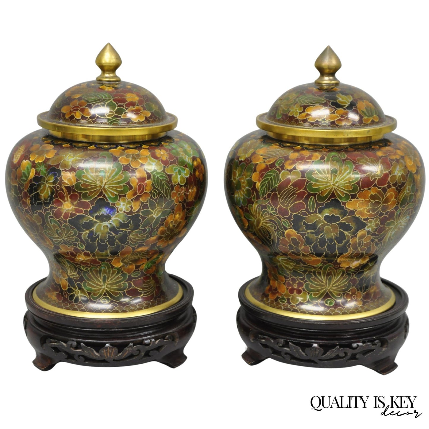 Vintage Cloisonné Chinese Small Enameled Brown Covered Ginger Jar on Stand, Pair