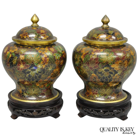 Vintage Cloisonné Chinese Small Enameled Brown Covered Ginger Jar on Stand, Pair