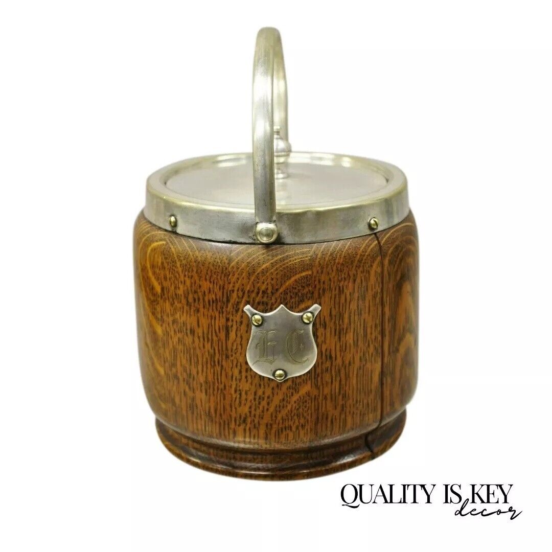 Antique H.C. & C. English Silver Plate and Oak Biscuit Barrel with Lid and Liner