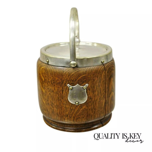 Antique H.C. & C. English Silver Plate and Oak Biscuit Barrel with Lid and Liner