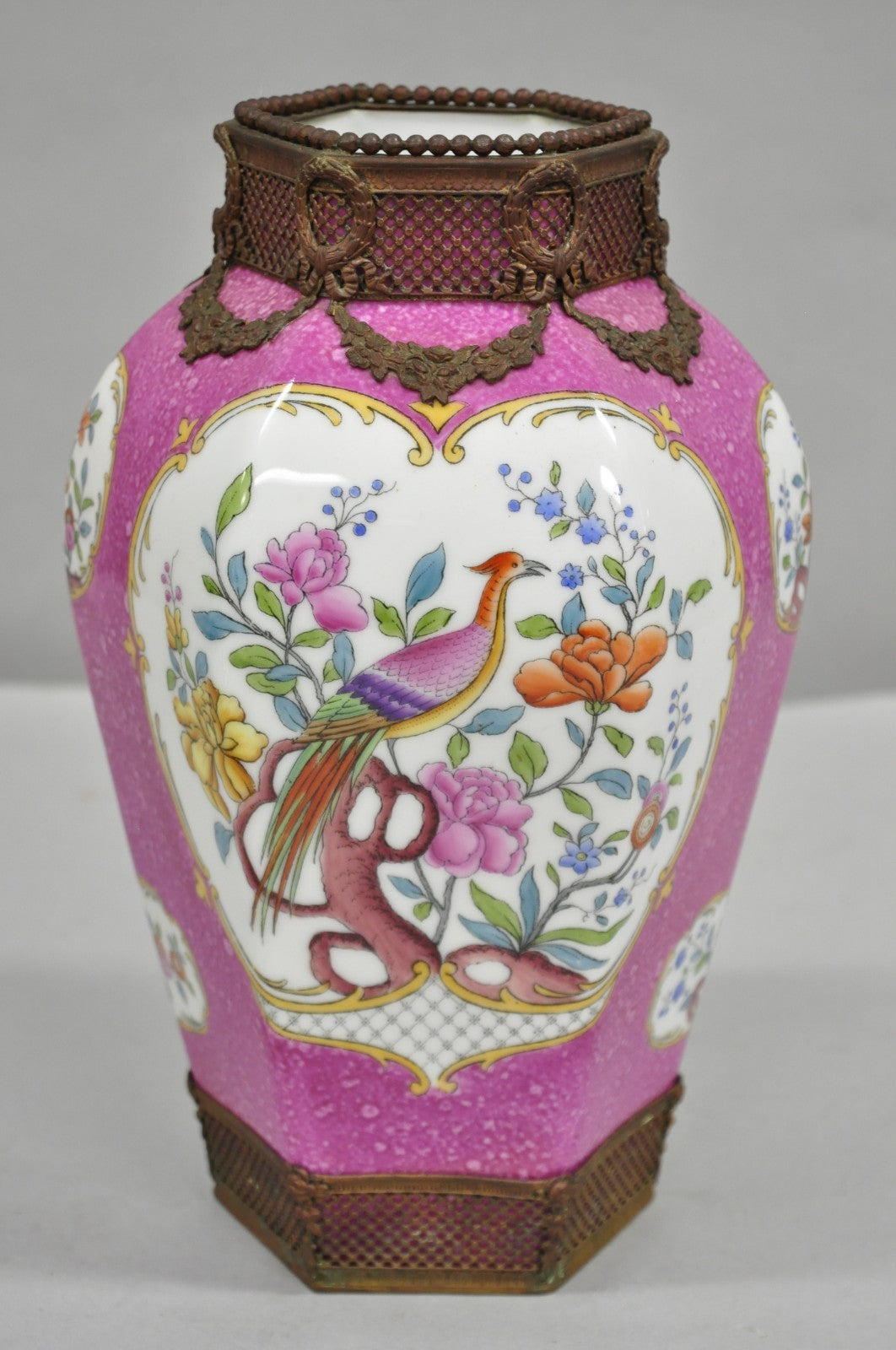 Antique Chinoiserie Pink French Porcelain German Ormulu Bird Painted Vase