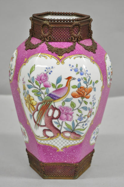 Antique Chinoiserie Pink French Porcelain German Ormulu Bird Painted Vase