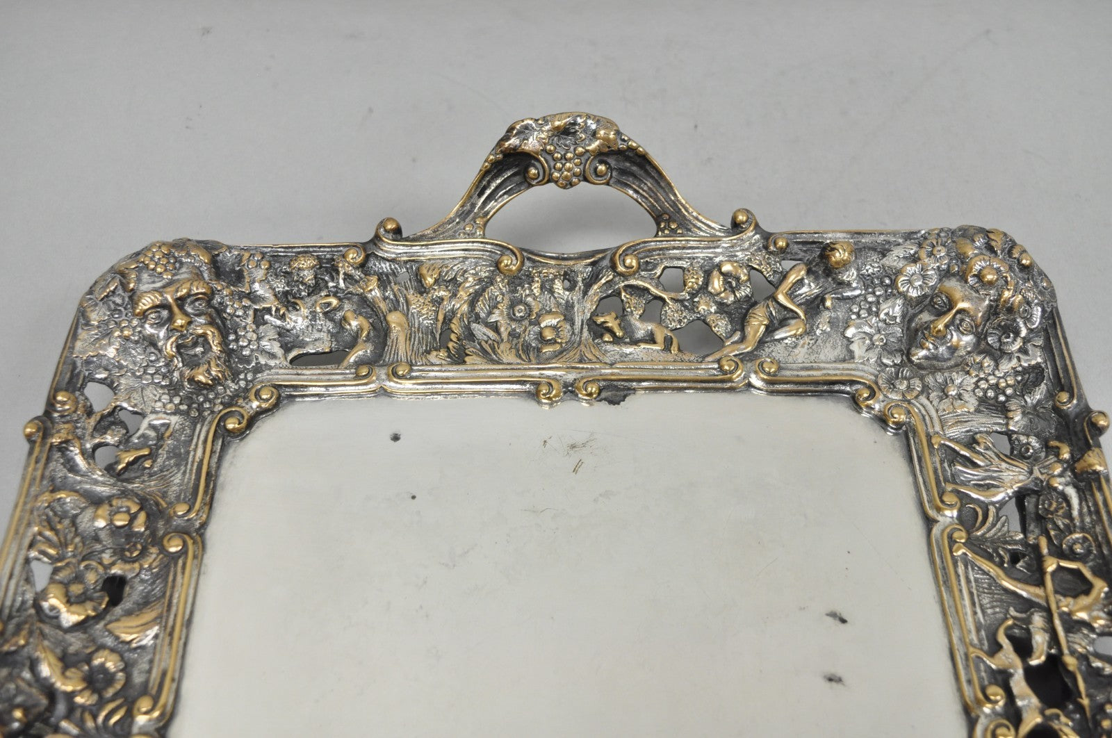 French Renaissance Bacchanal Scene Silver Plated Bacchus Figural Platter Tray