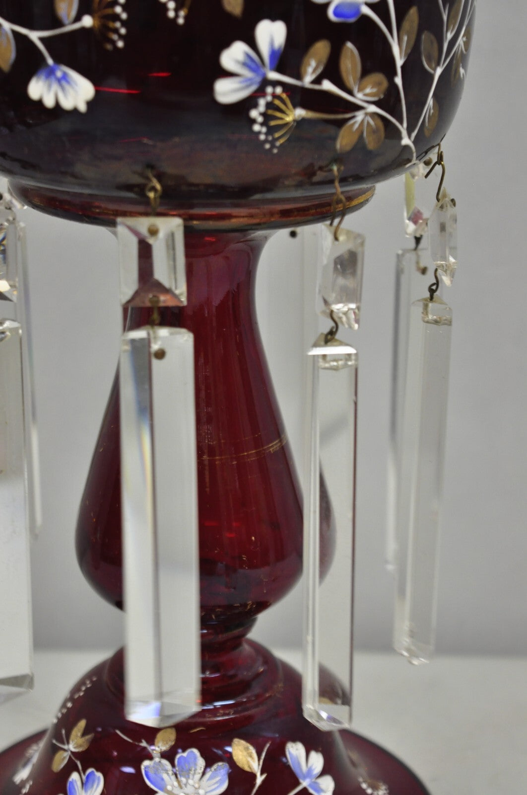 Antique Victorian Cranberry Glass Hand Painted Mantel Lustre Vase with Crystals