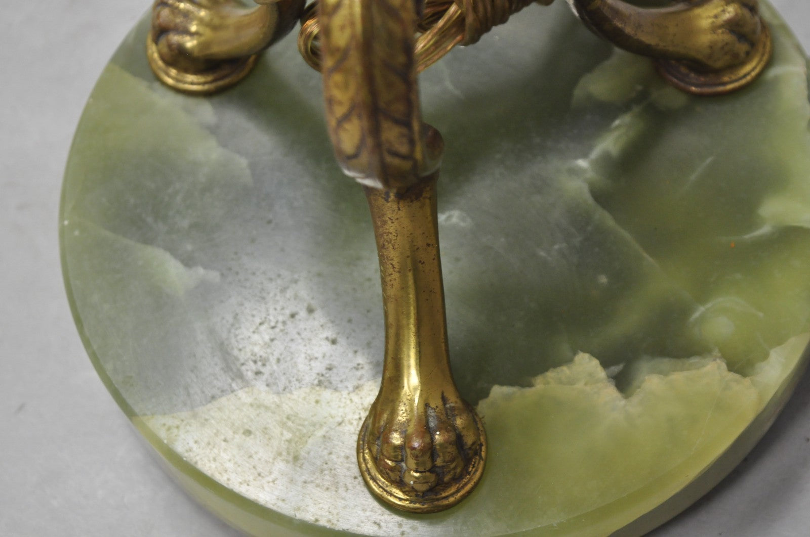 Antique Art Deco Brass & Green Onyx Paw Foot Victorian Pole Floor Lamp