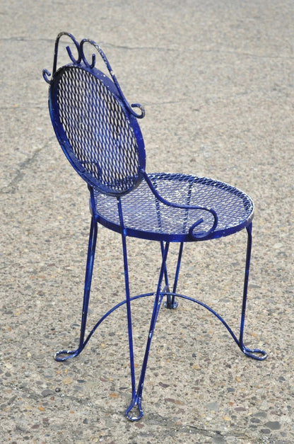 Vintage Victorian Blue Wrought Iron Small Garden Bistro Dining Chairs - Set of 4
