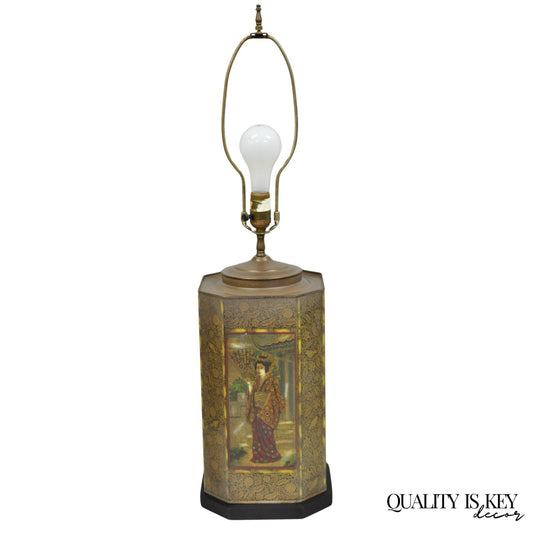 Vintage Chapman Oriental English Metal Tea Canister Figural Painted Table Lamp