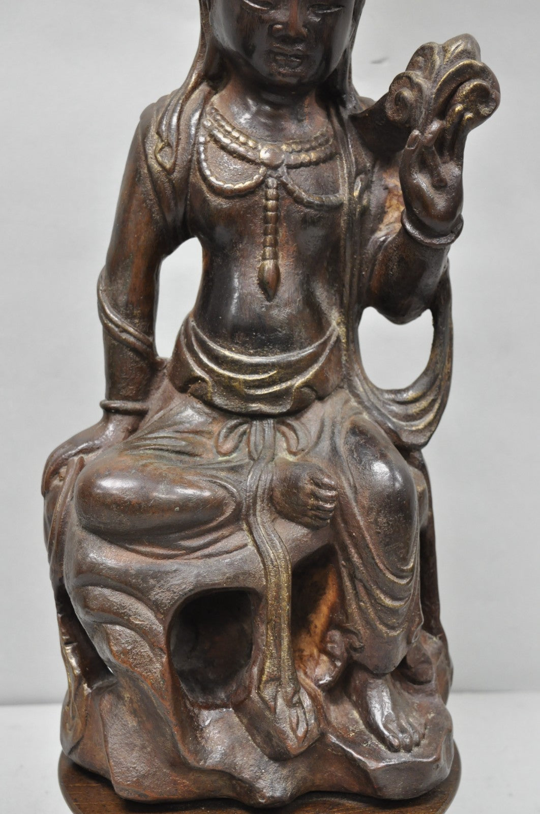 Vintage Buddhist Kuan Yin Brown Ceramic Sculpture Figure Table Lamp w/ Shade