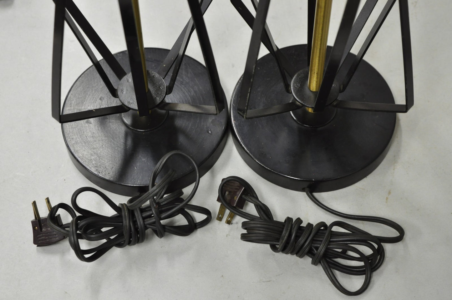 Vintage Mid Century Modern Black Metal & Brass Geometric Helix Table Lamps Pair