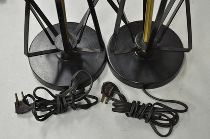 Vintage Mid Century Modern Black Metal & Brass Geometric Helix Table Lamps Pair