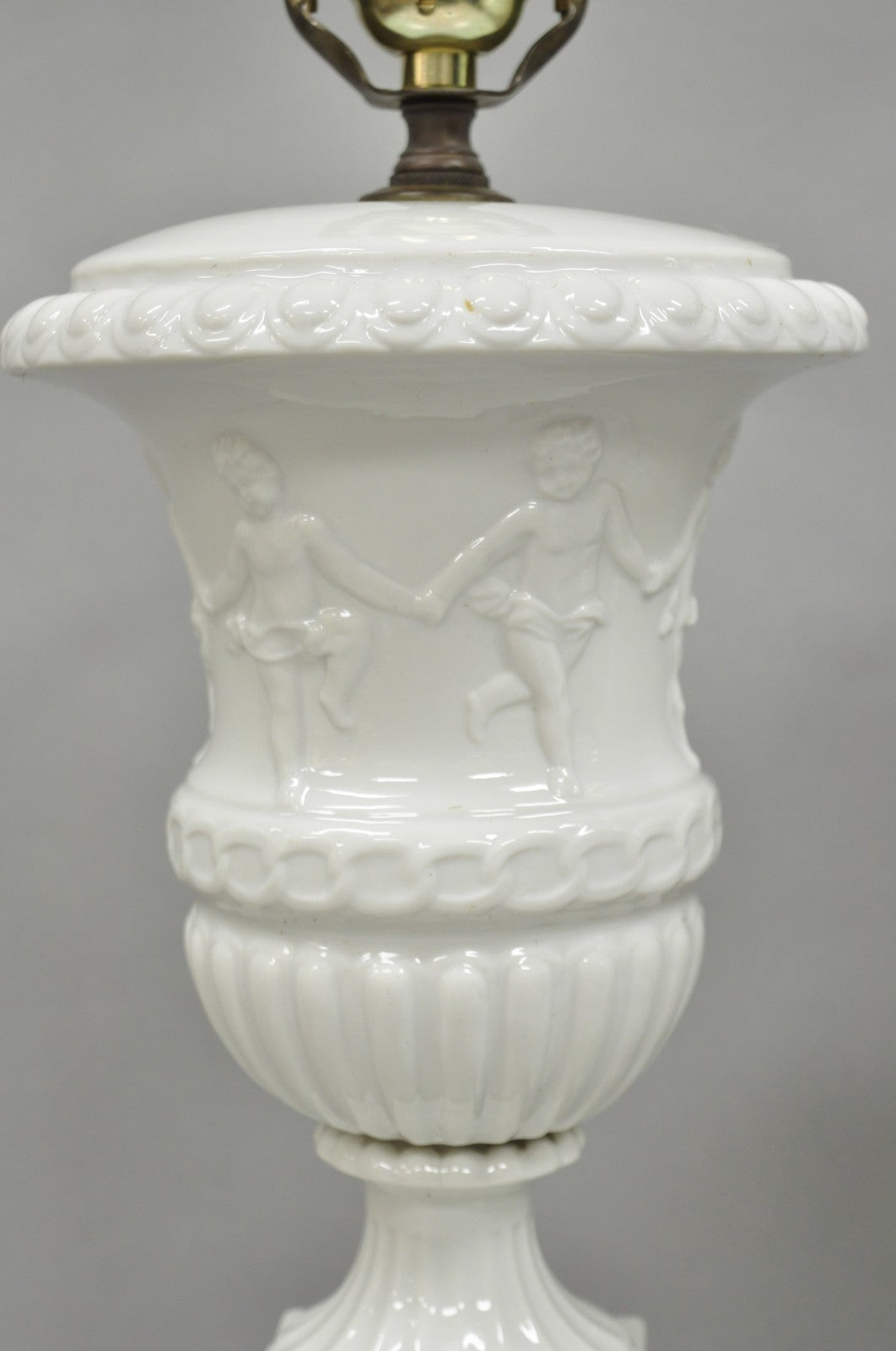 Vintage Italian Neoclassical White Porcelain Urn Table Lamps w/ Cherubs - a Pair