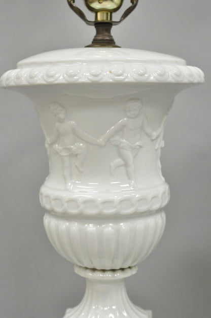 Vintage Italian Neoclassical White Porcelain Urn Table Lamps w/ Cherubs - a Pair