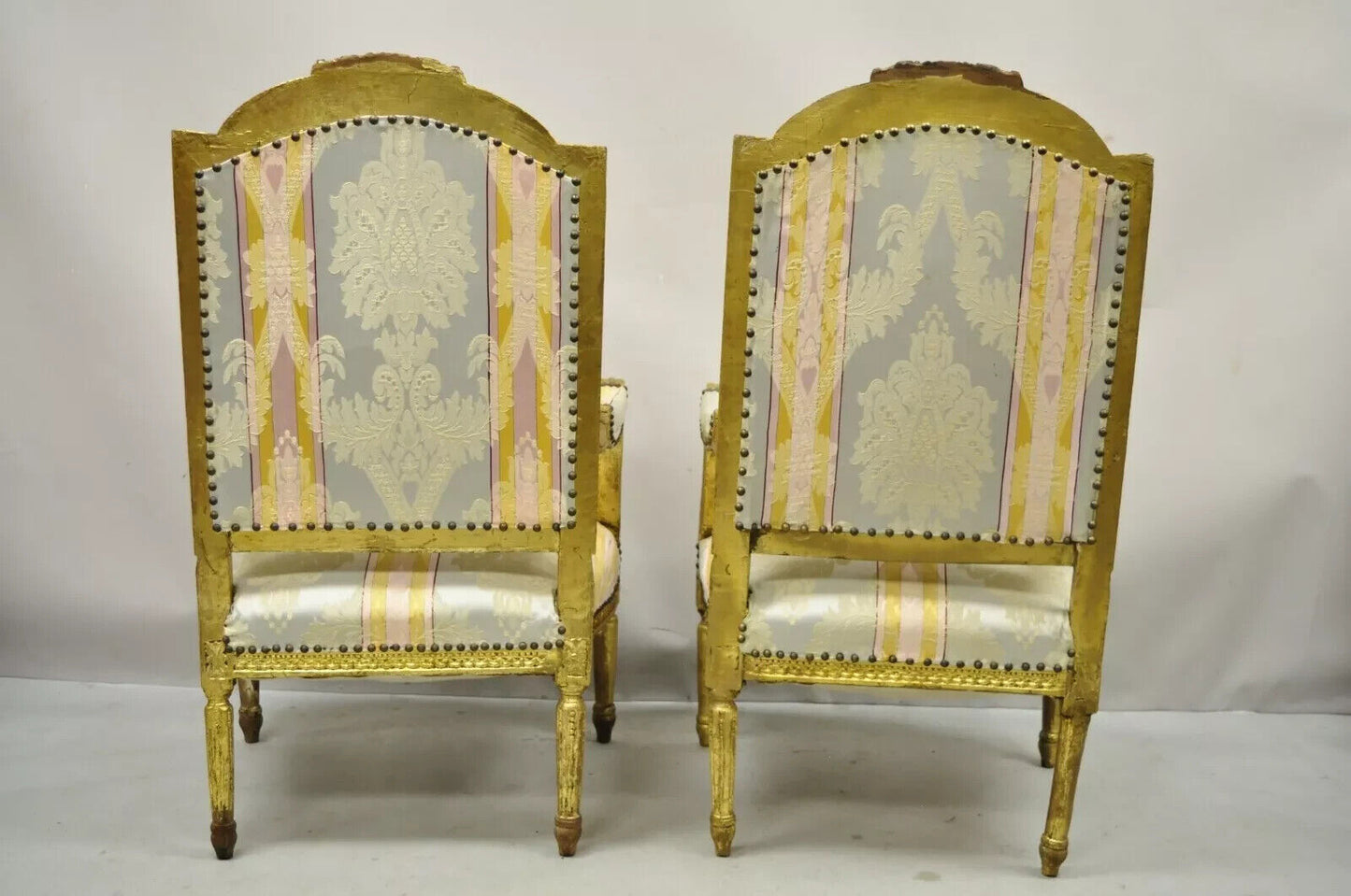 Vintage French Louis XVI Gold Giltwood Upholstered Lounge Chairs (B) - a Pair