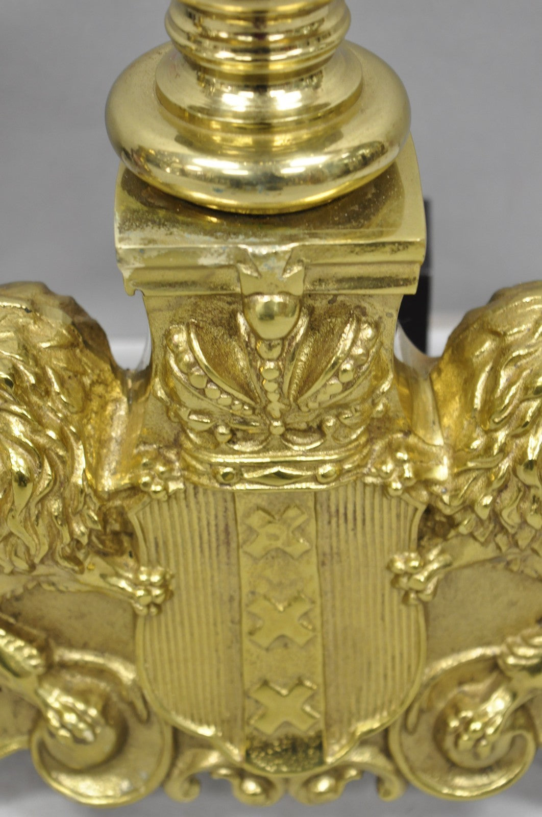 French Empire Renaissance Brass Lion Coat of Arms Cannonball Andirons - a Pair