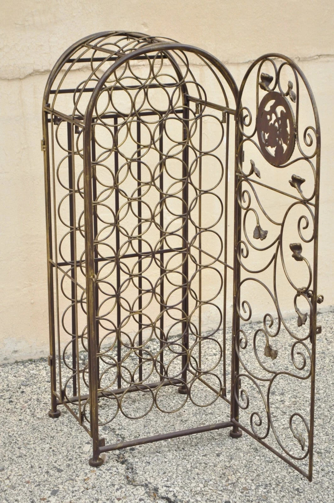 Mediterranean Style Wrought Iron 37 Wine Bottle Slot Holder Stand with Door