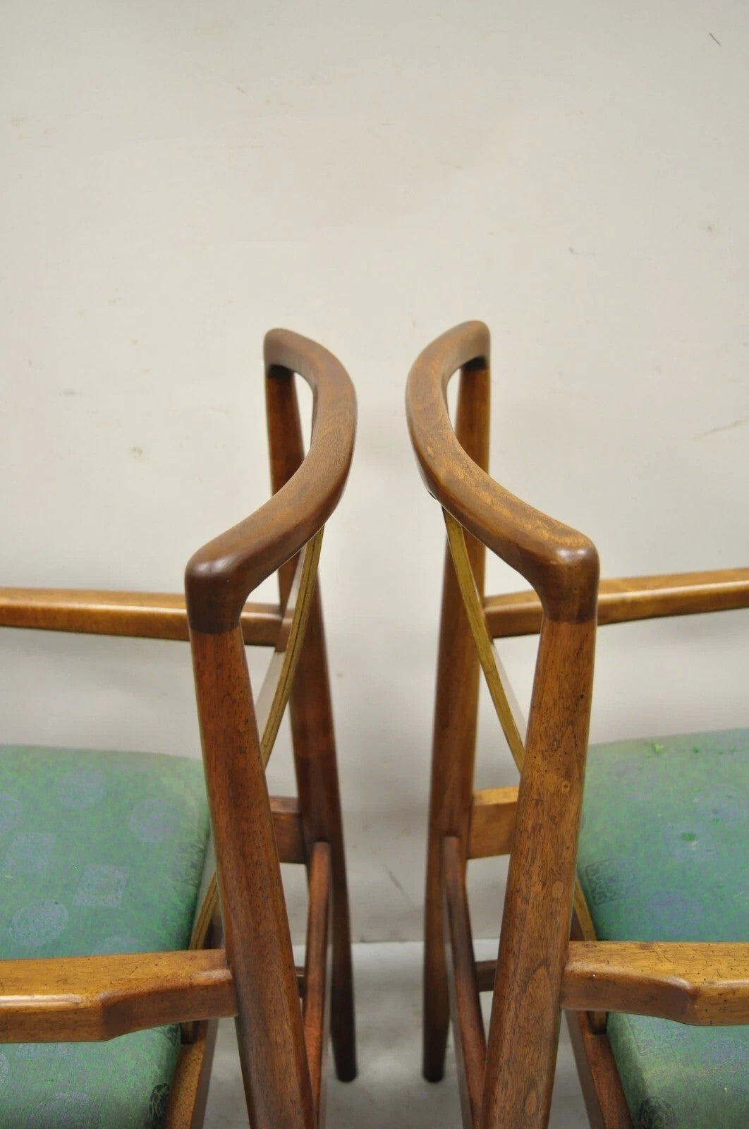 Vintage Mid Century Modern John Stuart Walnut Curve Back Dining Arm Chairs, Pair
