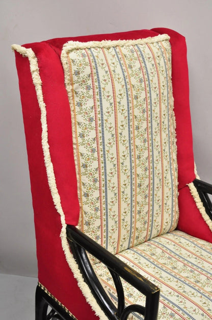 Vintage Chinoiserie James Mont Style Black Fretwork Lounge Arm Chairs - a Pair