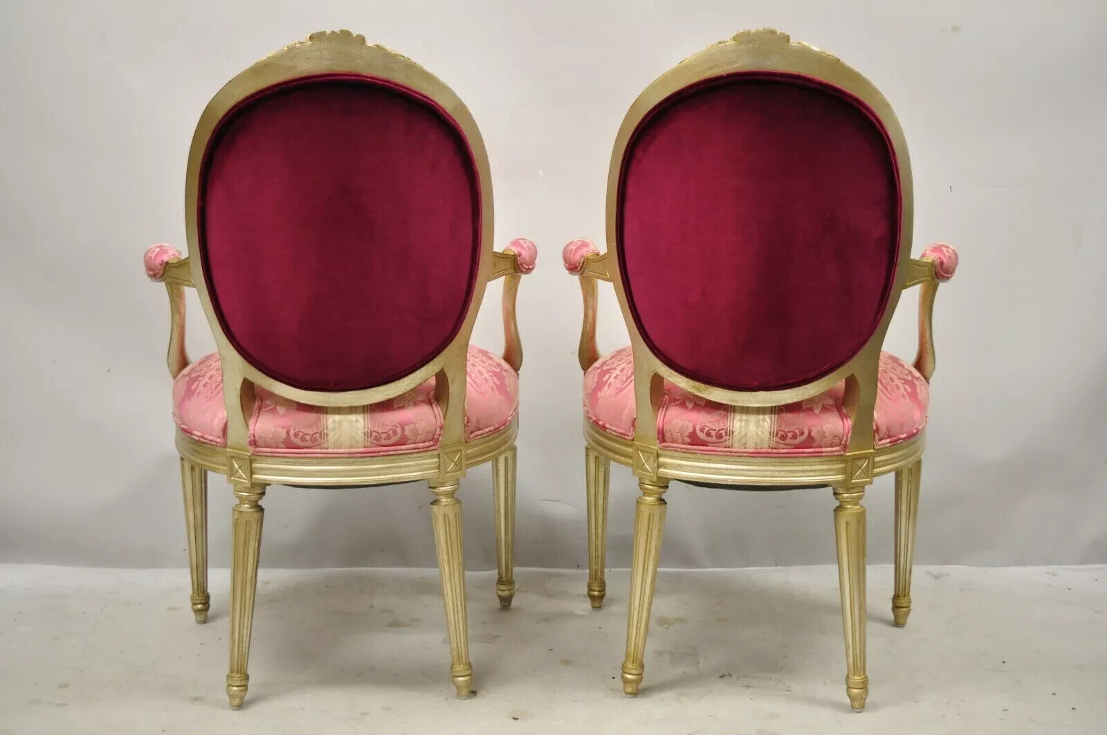 French Louis XVI Style Silver Gold Gilt Pink Damask Oval Back Arm Chairs - Pair