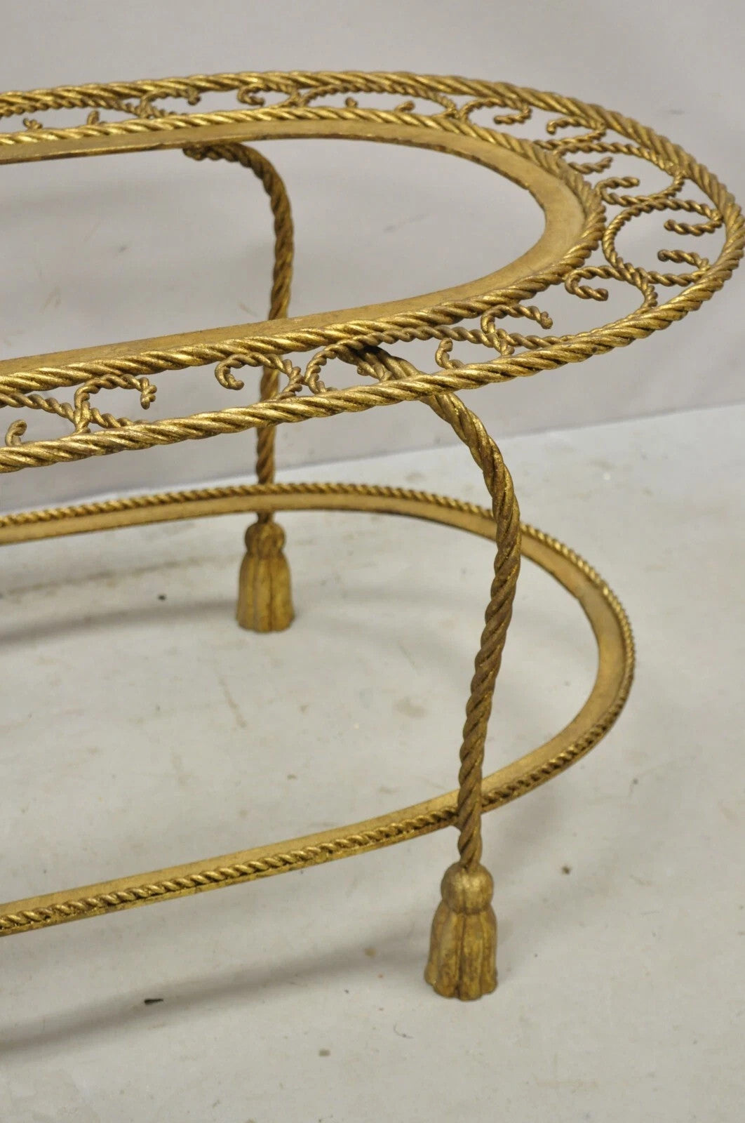 Italian Hollywood Regency Gold Gilt Iron Oval 2 Tier Rope Tassel Coffee Table