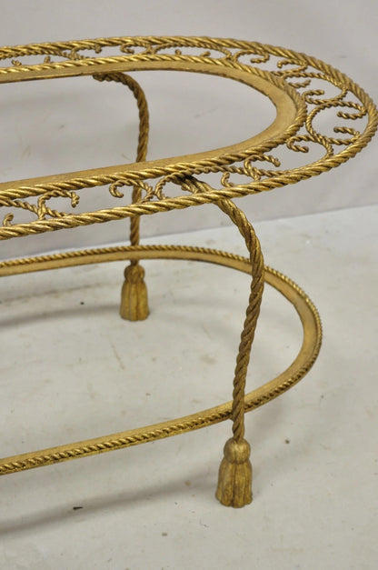 Italian Hollywood Regency Gold Gilt Iron Oval 2 Tier Rope Tassel Coffee Table