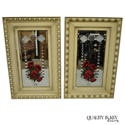 Antique Victorian Bubble Glass Oak Wood Frame Butterfly Flower Wall Mirror Pair