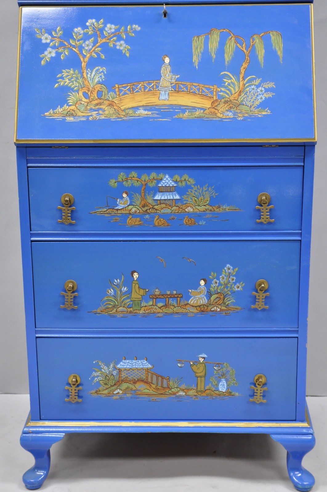 Vintage Chinoiserie Blue Hand Painted Gold Gilt Narrow Bookcase Secretary Desk