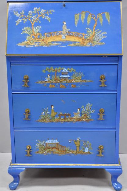 Vintage Chinoiserie Blue Hand Painted Gold Gilt Narrow Bookcase Secretary Desk