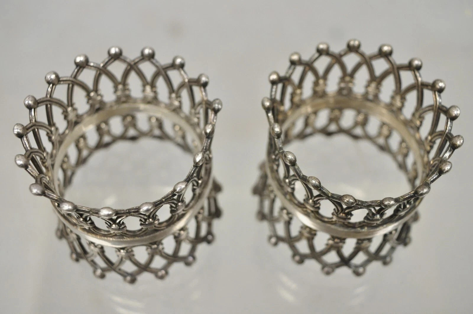 Antique English Victorian Silver Plated Fretwork Crown Napkin Rings - a Pair