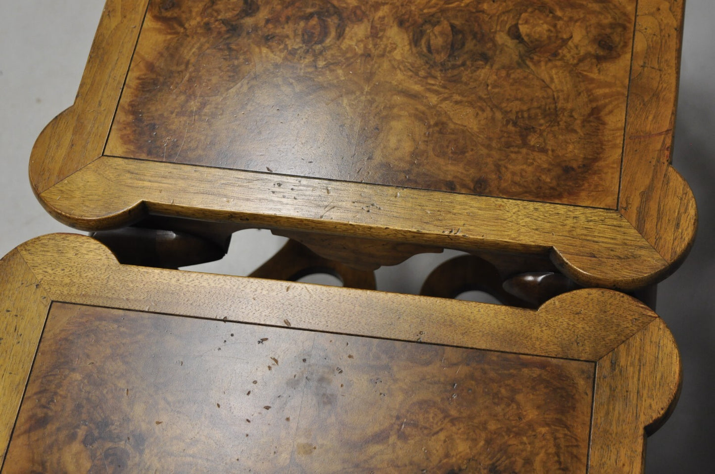 Vintage Baker Regency Style Burlwood Walnut Low Side End Tables - a Pair