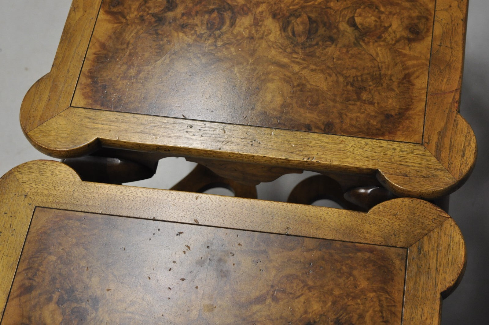 Vintage Baker Regency Style Burlwood Walnut Low Side End Tables - a Pair